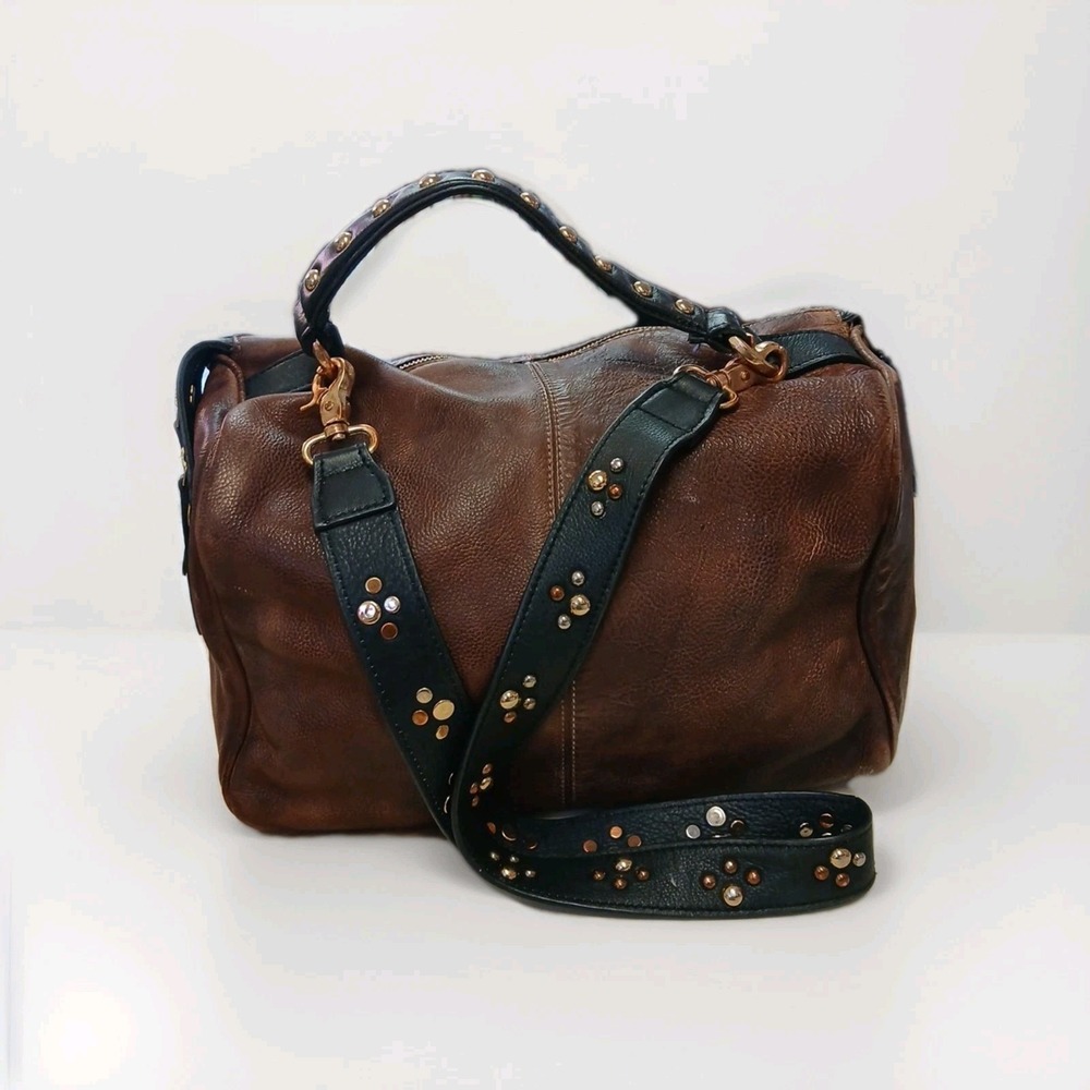 Free People Womens Large Brown Leather Bag w/ Studded Handle and Strap